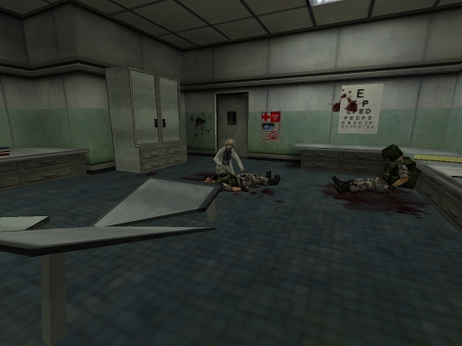 guy in a lab coat on the ground over a corpse